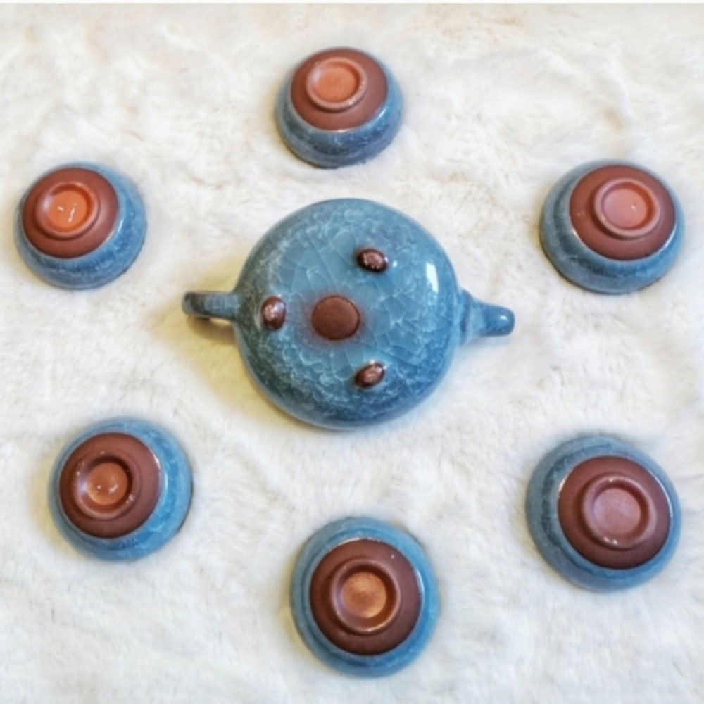 7 pcs Blue Ceramic Porcelain Traditional Tea Set - Picture 3 of 5